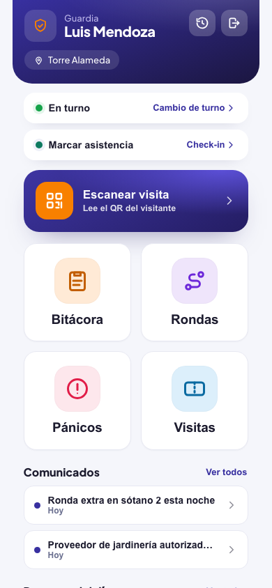 Pantalla real de la app del guardia SITEC: turno activo, escáner QR de visitas, rondas y pánicos