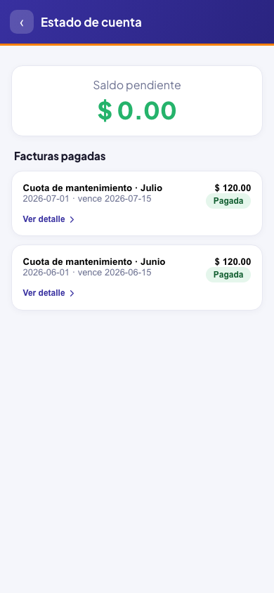 Pantalla real de la app: estado de cuenta del residente con facturas de mantenimiento pagadas