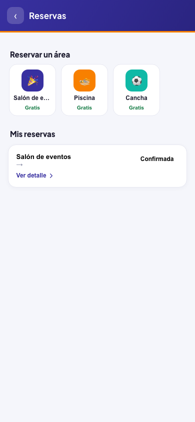 Pantalla real: reserva de áreas comunes desde la app del residente